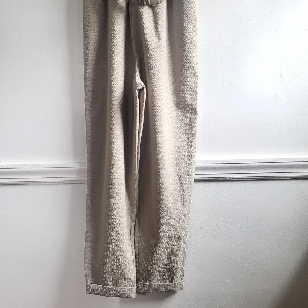 New Zara Textured Linen Blend V-Neck Sleeveless Belted Tan Jumpsuit NWT Small